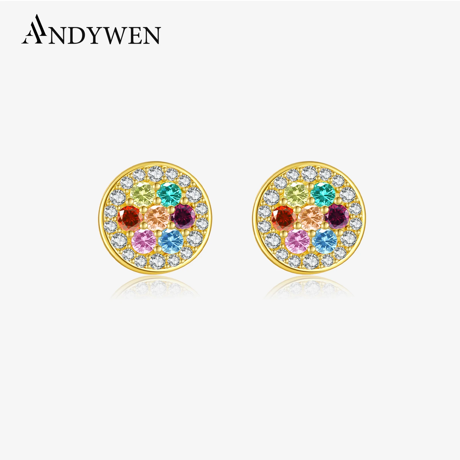 

ANDYWEN 925 Sterling Silver Round Colorful Zircon Stud Earrings Piercing Women 2025 Cute Romantic Dainty Fine Trend Gift Jewelry