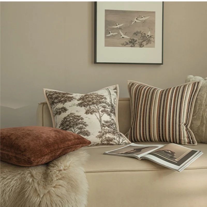 Retro Brown Tree Jacquard Pillows Stripe Cushion Case Simple Luxury Square Decorative Pillow Cover For Sofa Chair Home Decorate