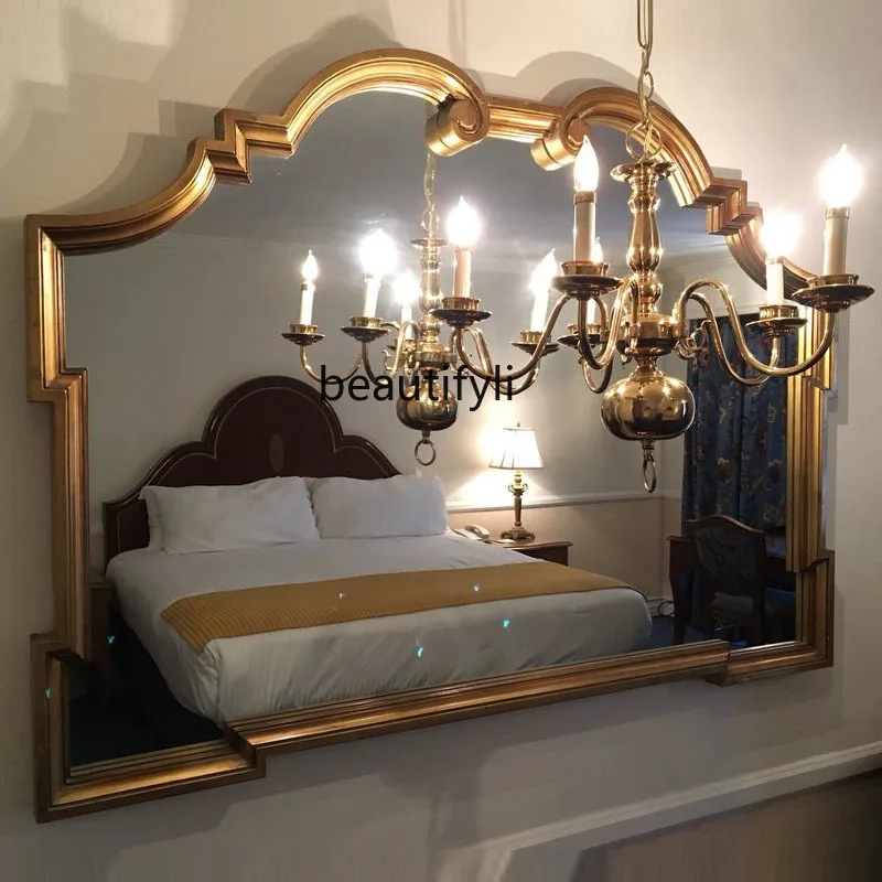 European Style Villa Bathroom Vanity Wall Hanging Cosmetic Mirror Bedroom Golden Wall Hanging Decorative Mirror