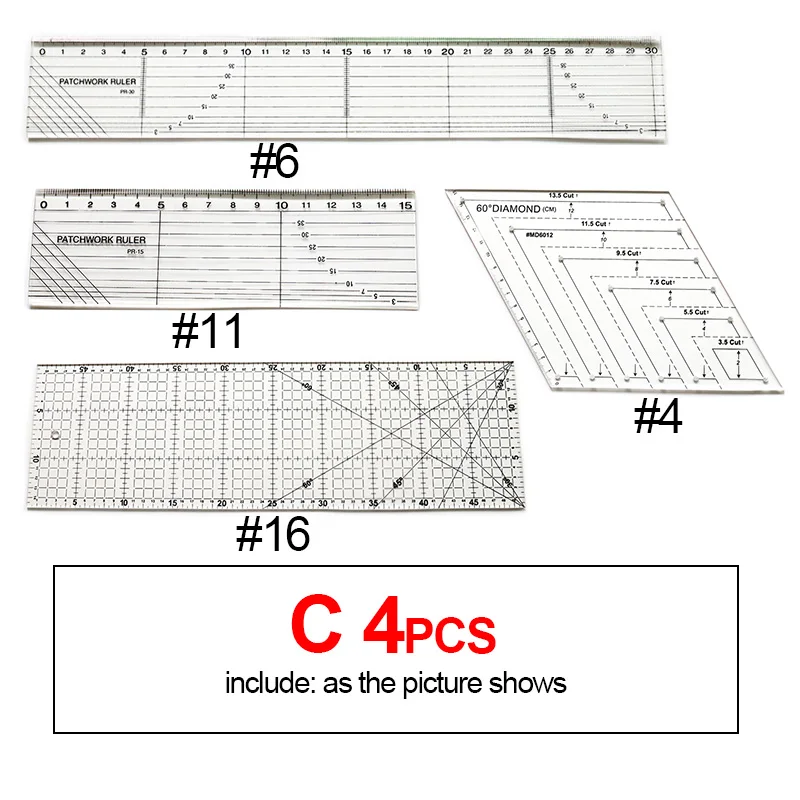 QJH 4pcs/set Patchwork Rulers Set Acrylic Sewing Rulers Sewing Drawing Tools for Fabric Clothing Cutting Quilting Ruler DIY Tool