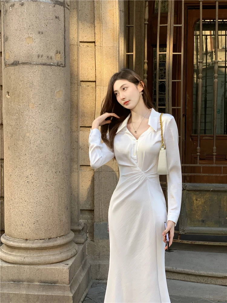 

Ele V-Ne Midi irt Dr Women's Slim Fit Tapered Skirt Dr Puffy Waist Design Long Sve Casual Ci Commute Dr