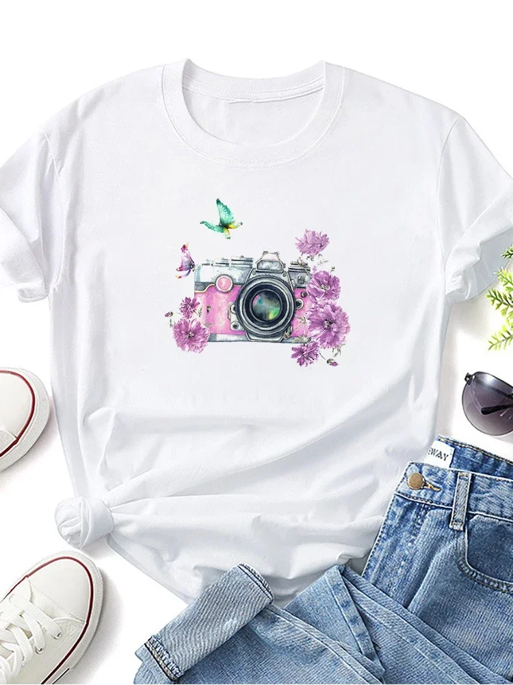 Ladies T Shirt  Casual Short Sleeve Camera Print T Shirt  O-Neck Loose Summer White Tee Top Short Sleeve T Shirt White Clothes