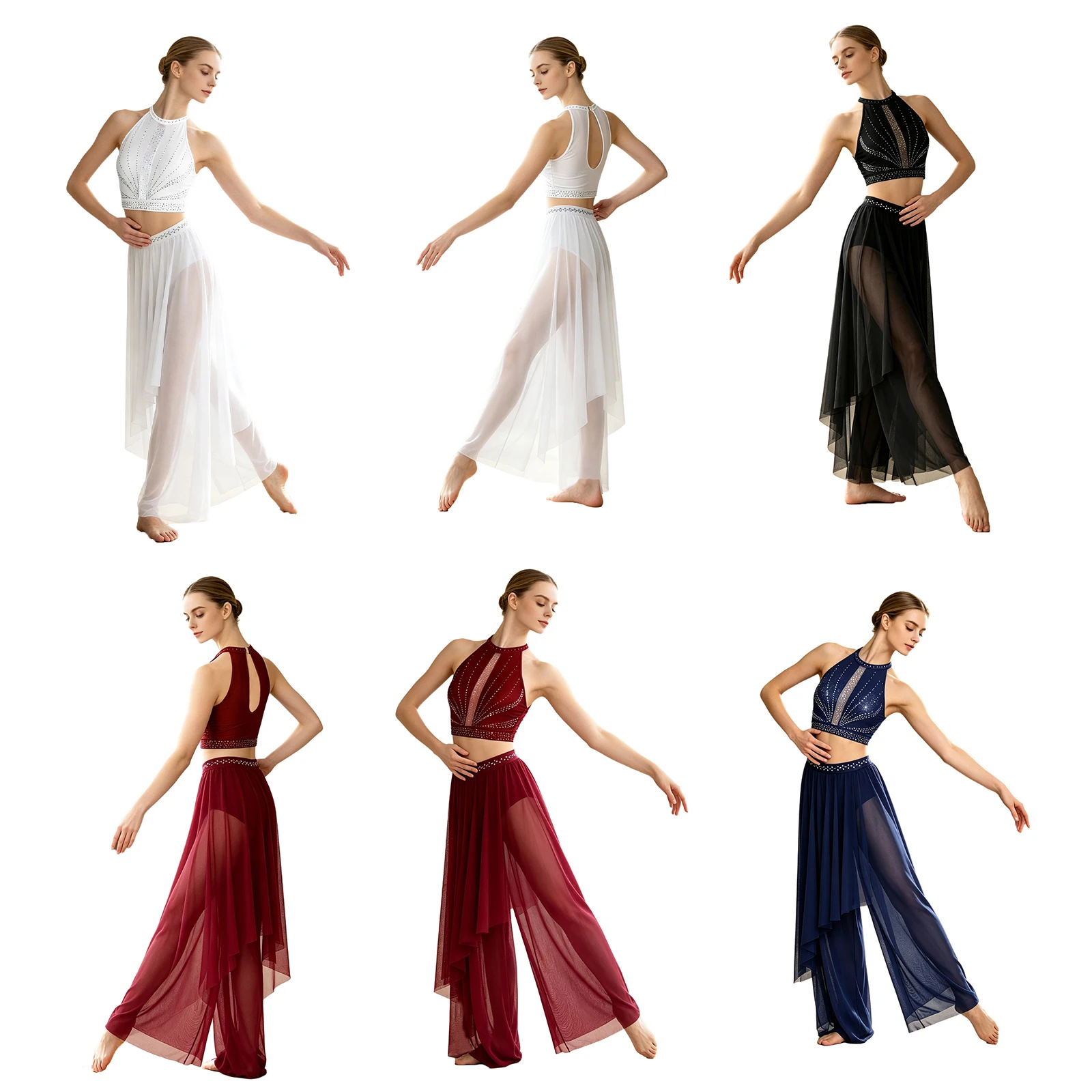 Women Mesh Lyrical Dance Costume Rhinestones Sleeveless Back Keyhole Tank Top And Irregular Overlay Built-in Briefs Pants