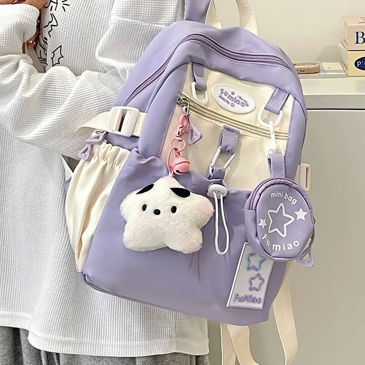 

New in Cute Nylon Backpack for Women Large Capacity Summer Student Bag Round Pouch Multi-Pocket Lightweight School Travel