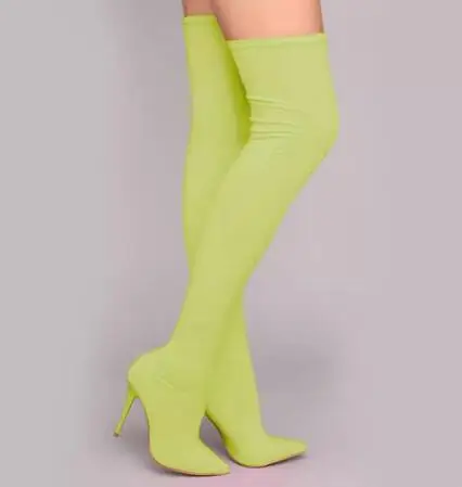 Sexy Women Hot Pink Yellow Orange Solid Silk Pointed Toe Slim Thin Heels Over The Knee Boots Female Long Socks Boots Shoes Lady