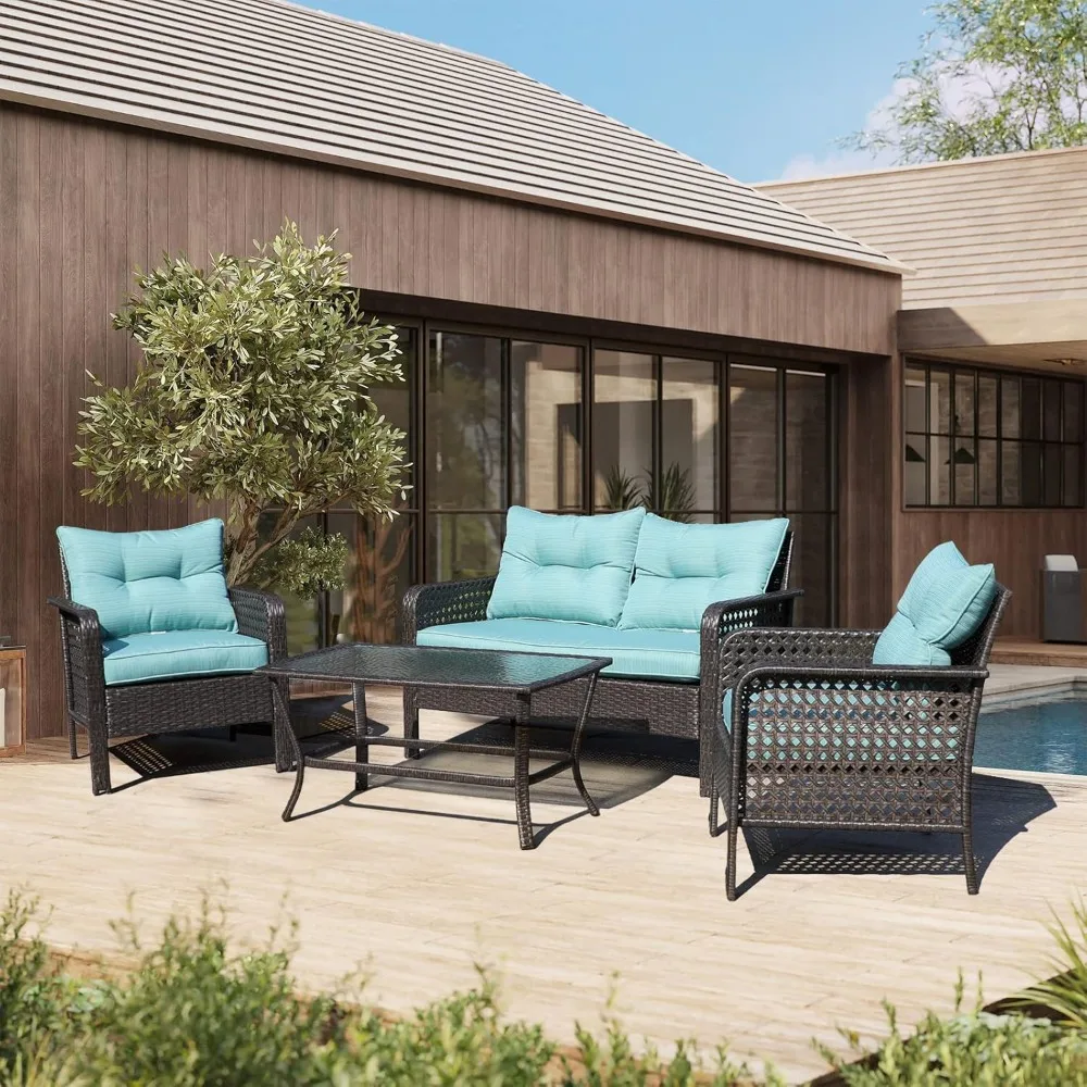 مجموعات محادثة الفناء أثاث خارجي، 4 قطع أثاث فناء من الخيزران مع مقعد Loveseat، مجموعة جلوس خارجية من الروطان