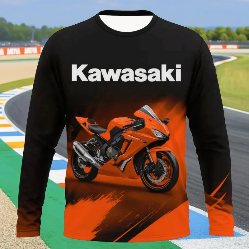

Kawasaki 2025 Новая футболка с длинными рукавами и 3D-принтом, спортивная одежда для гонок на мотоциклах по бездорожью, дышащая, быстросохнущая