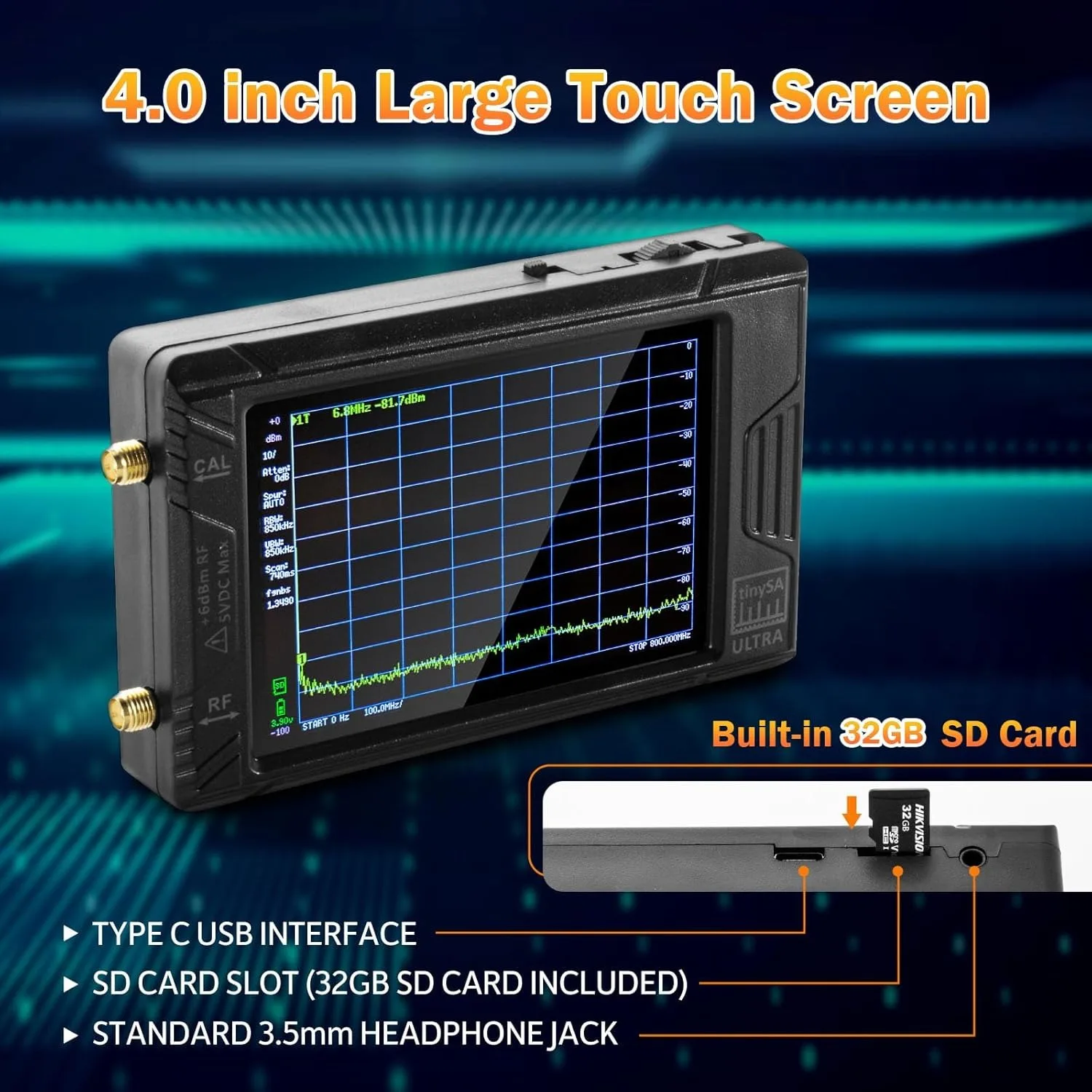 2024 Upgraded 4.0 Inch TinySA Ultra Spectrum Analyzer, 100kHz-5.3GHz HW V0.4.5.1 Handheld Frequency Analyzer with 32Gb Card