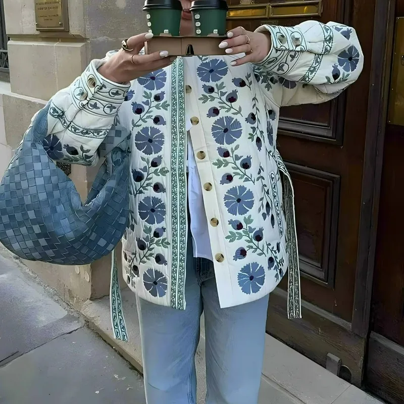 Vintage Women Floral Parka Coat Wrap Quilted Puffer Jacket Long Sleeve Streetwear Fashion Chic Outerwear Winter куртка женская