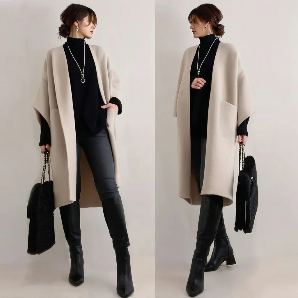 2024 autumn new collarless 7-inch sleeve mid length double pocket woolen coat