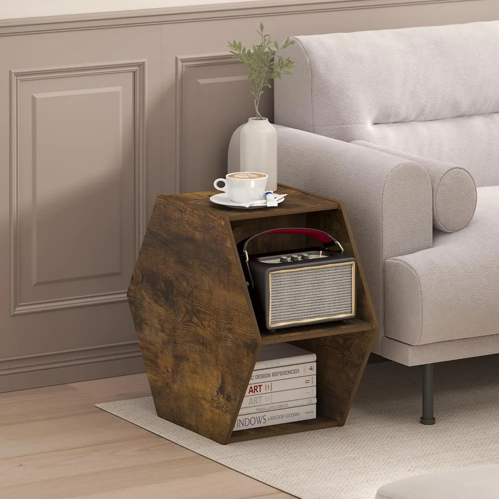 Hexagonal Modern Coffee Table with Open Shelf - Versatile Side Table for Living Room, Vertical or Horizontal Placement Options