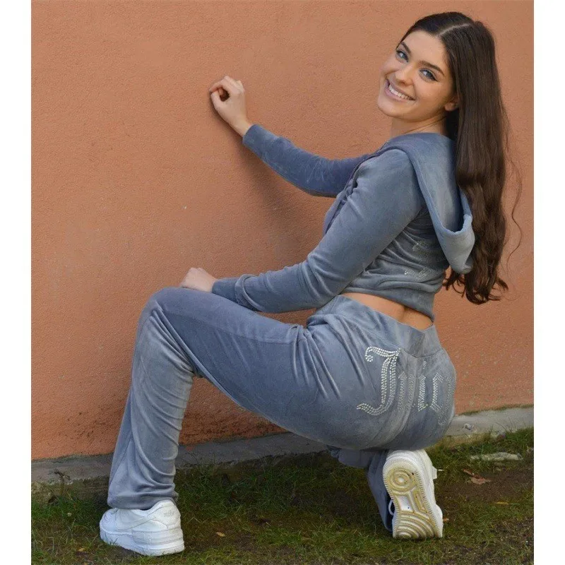 Personalized velvet hooded rhinestone long sleeved top+elastic waist wide leg pants autumn winter womens fashionable sports suit