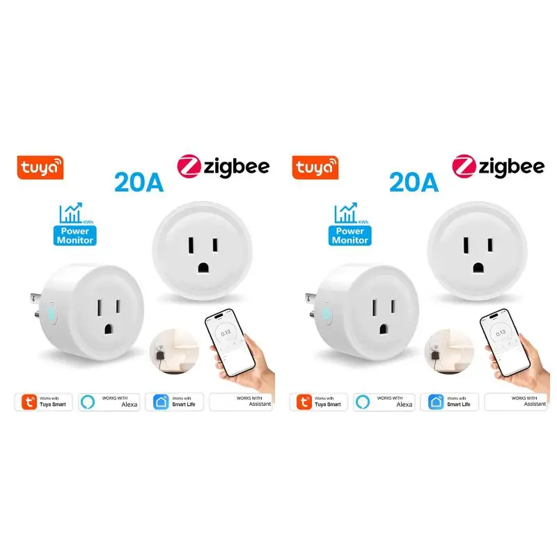 2PackX(TUYA 20A Smart Plug Zigbee Socket with Power Monitor Timing Function Voice Control Works US Plug)