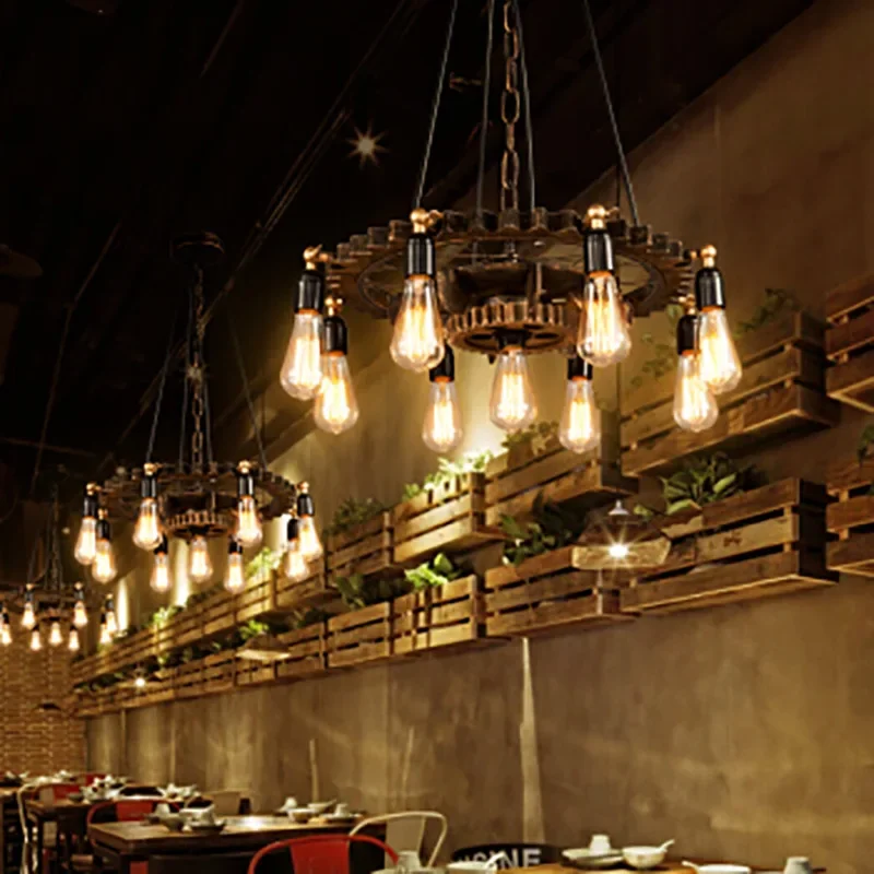Cafe bar chandelier loft rustic vintage industrial style multi-headed wood wrought iron gear chandelier