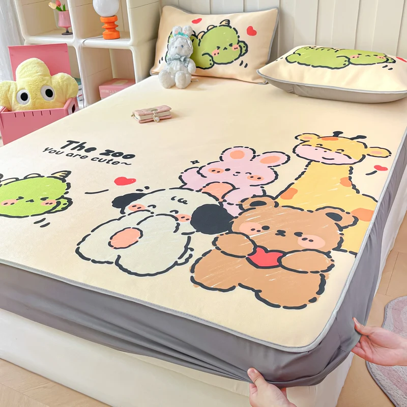 3pcs Cooling Mattress Cover Cartoon Printed Bedspread Comfortable Bed Mat cubre colchón Queen/King Size Bed Linen 매트리스 커버