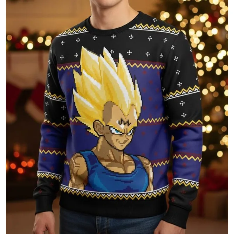 

Dragon Ball Super Saiyan Vegeta Рождественский свитшот с пиксельным принтом, топы с праздничным узором для мужчин и женщин, зимняя праздничная и повседневная одежда