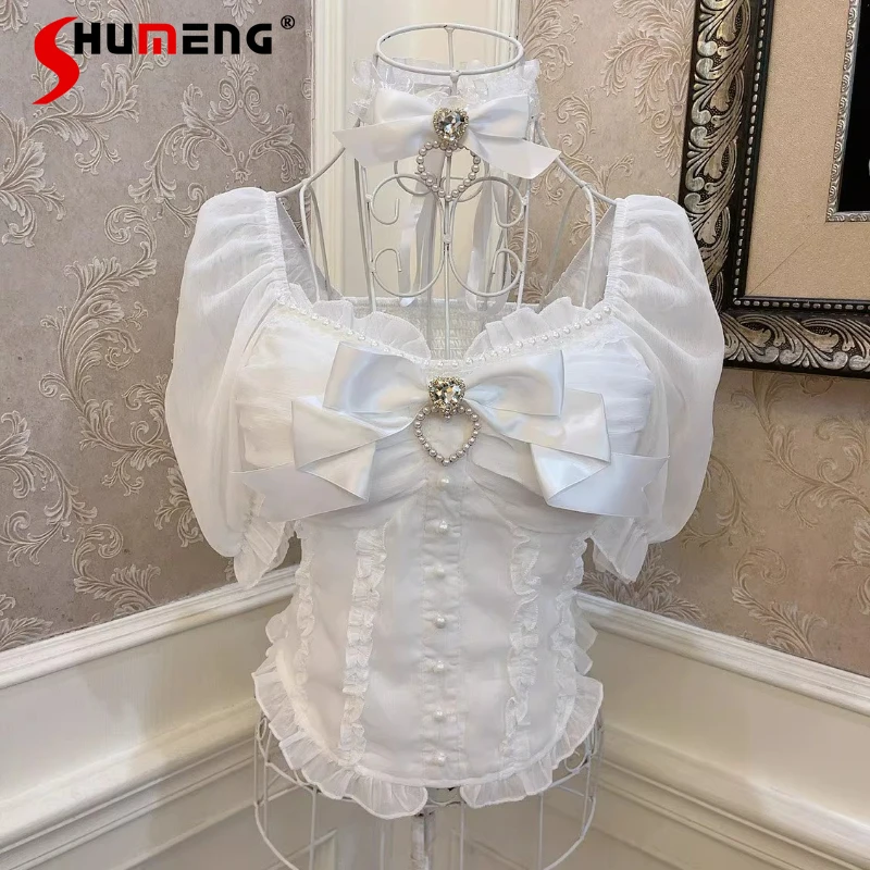 

Japanese Lolita Girl Bow Heart Rhinestone Ruffle Lace Puff Sleeves Slim Fit Chiffon Crop Top Camisoles Y2k Kawaii Clothes Ladies