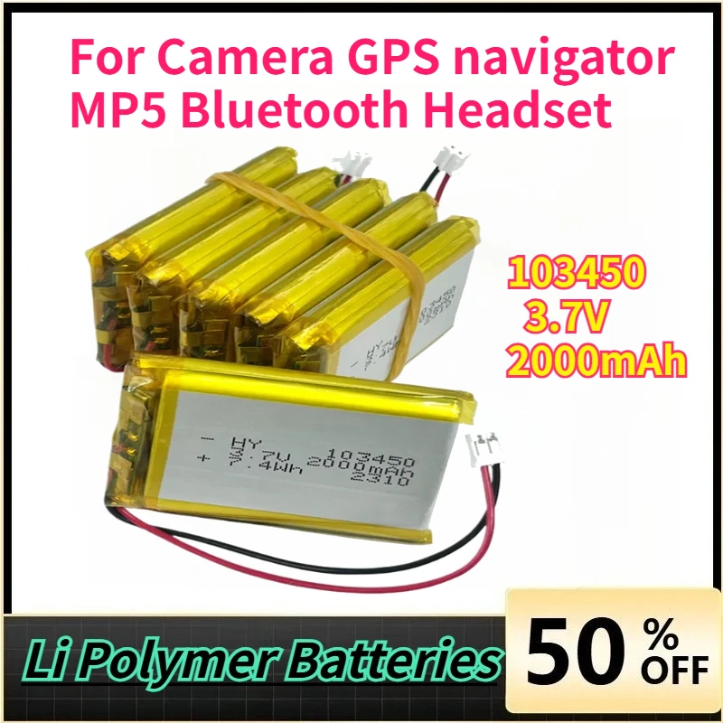 103450 3.7 فولت 2000 مللي أمبير بوليمر بطاريّة ليثيوم قابلة لإعادة الشحن jst PH 2.0 مللي متر 2pin التوصيل للكاميرا GPS الملاح MP5 سماعة رأس بخاصية البلوتوث
