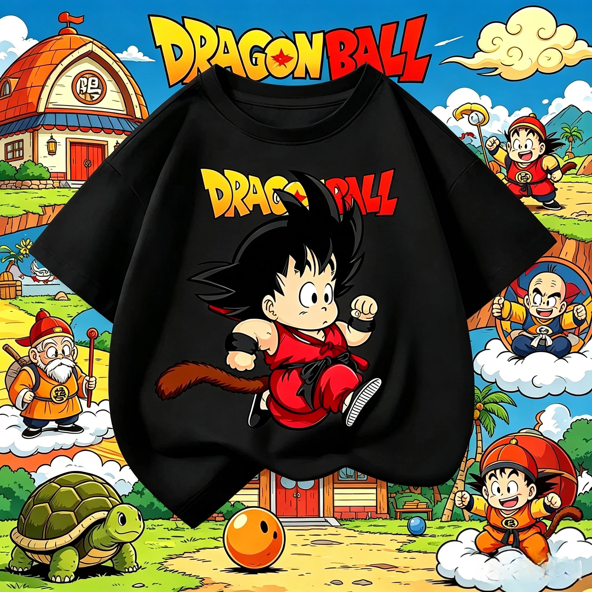 Summer Children's Cotton T-Shirt - Boys and Girls' Q-Version Sun Wukong and Seven Dragon Ball Pattern Summer Top