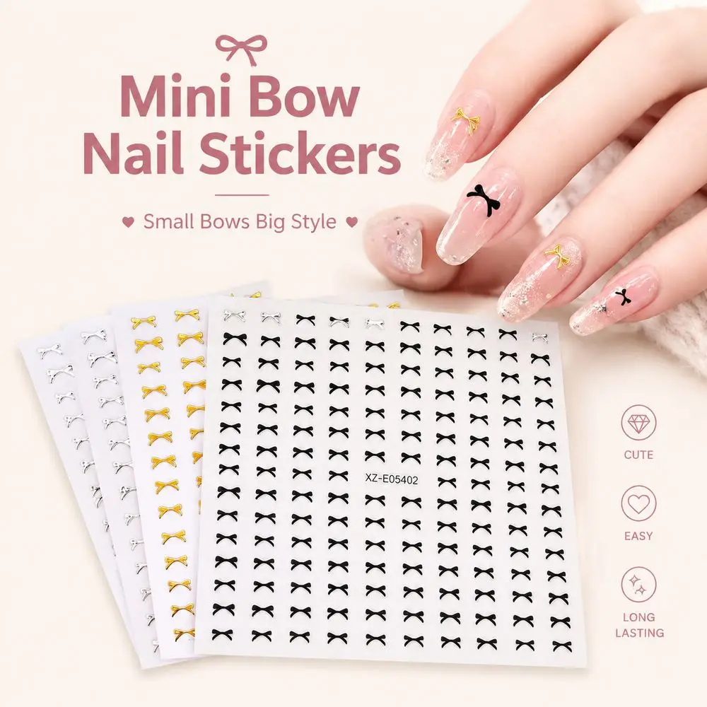 4 Sheets Elegant Tiny Bow Nail Decals Set Self‑Adhesive Mini Ribbon Bow Stickers For Salon Use French Tip Nail Art Accessories