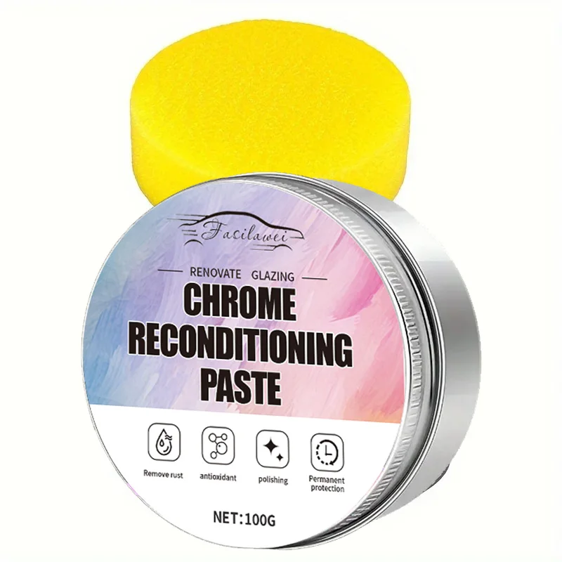 Восстанавливающая паста для хромированных деталей транспортных средств, предназначенная для обновления окисленной хромированной отделки и эмблем, поставляется с губкой.