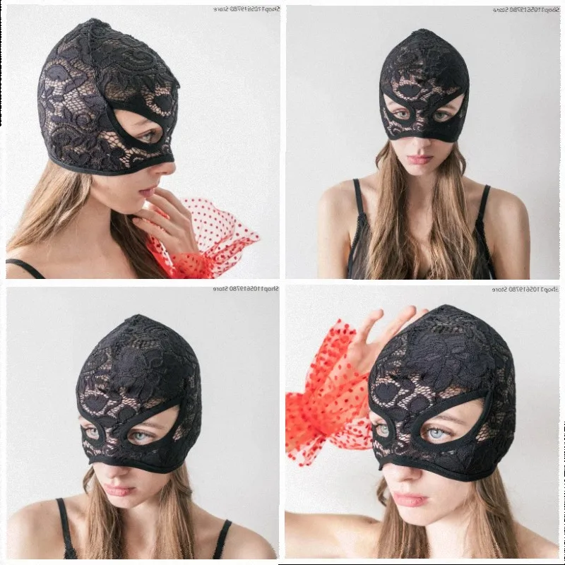 Black Lace Partial‑Wrap Head Hood Mask For Adult Cosplay Half‑Face Eye Cutout Adjustable Tie‑Back Fastener Gothic  Accessory