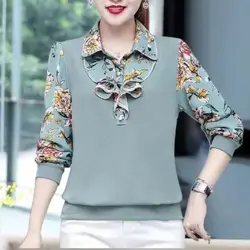 High-end Lotus Leaf Collar New Printed Bottoming Shirt Fashionable Mother Slim Long Shirt Loose and Age-reducing Women Top