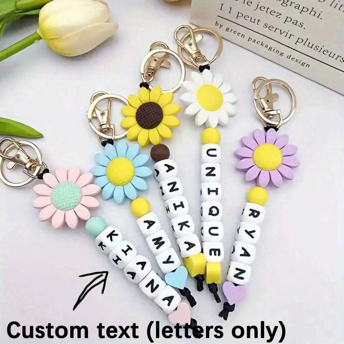 LLavero de silicona con forma de girasol, accesorio personalizado con nombre de letra en inglés, regalo de Navidad/San Valentín, 1 ud.