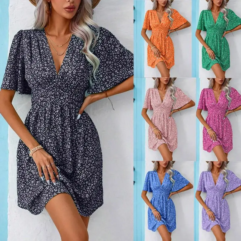 

Summer New V-neck Midi Sleeve Printed High Waist Floral Pleated Dress Women's Cross-border Fashion High Waist Pleated Dress