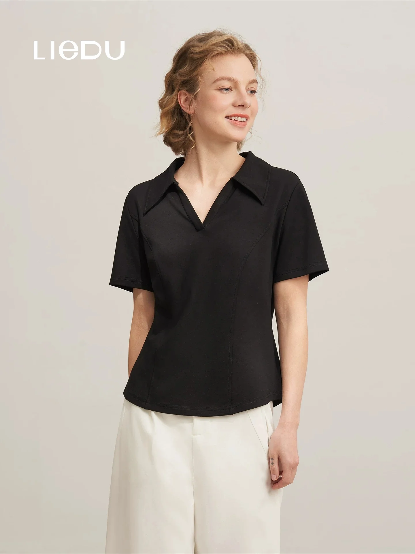 LIEDU Elegant Minimalist Slim Fit Plus Size Stretchy Soft Knit Polo T Shirt Women Short Sleeve Ruched Waist Casual Daily Outfit