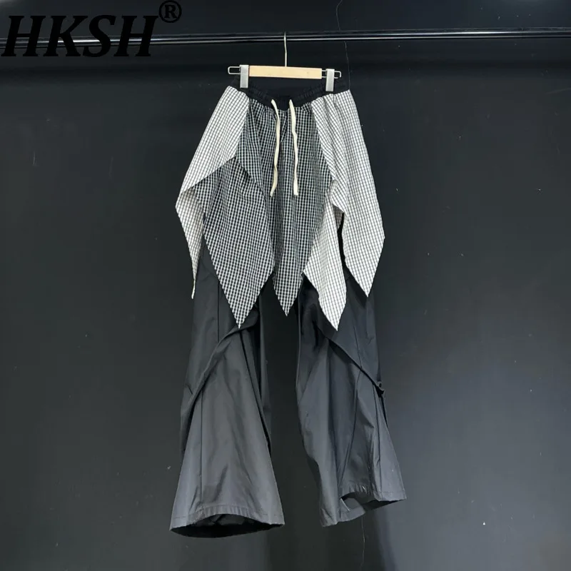 HKSH Spring Autumn New Men High Street Design Plaid Patchwork Pleated Loose Casual Pants Trend Fashion Niche Ins Bottoms HK18989