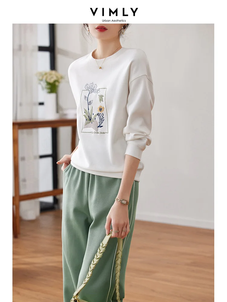 VIMLY Sweatshirt Tracksuit Two Piece Pant Sets for Women 2024 Spring Sports Casual Embroidery White Tops Matching Sets Outfits