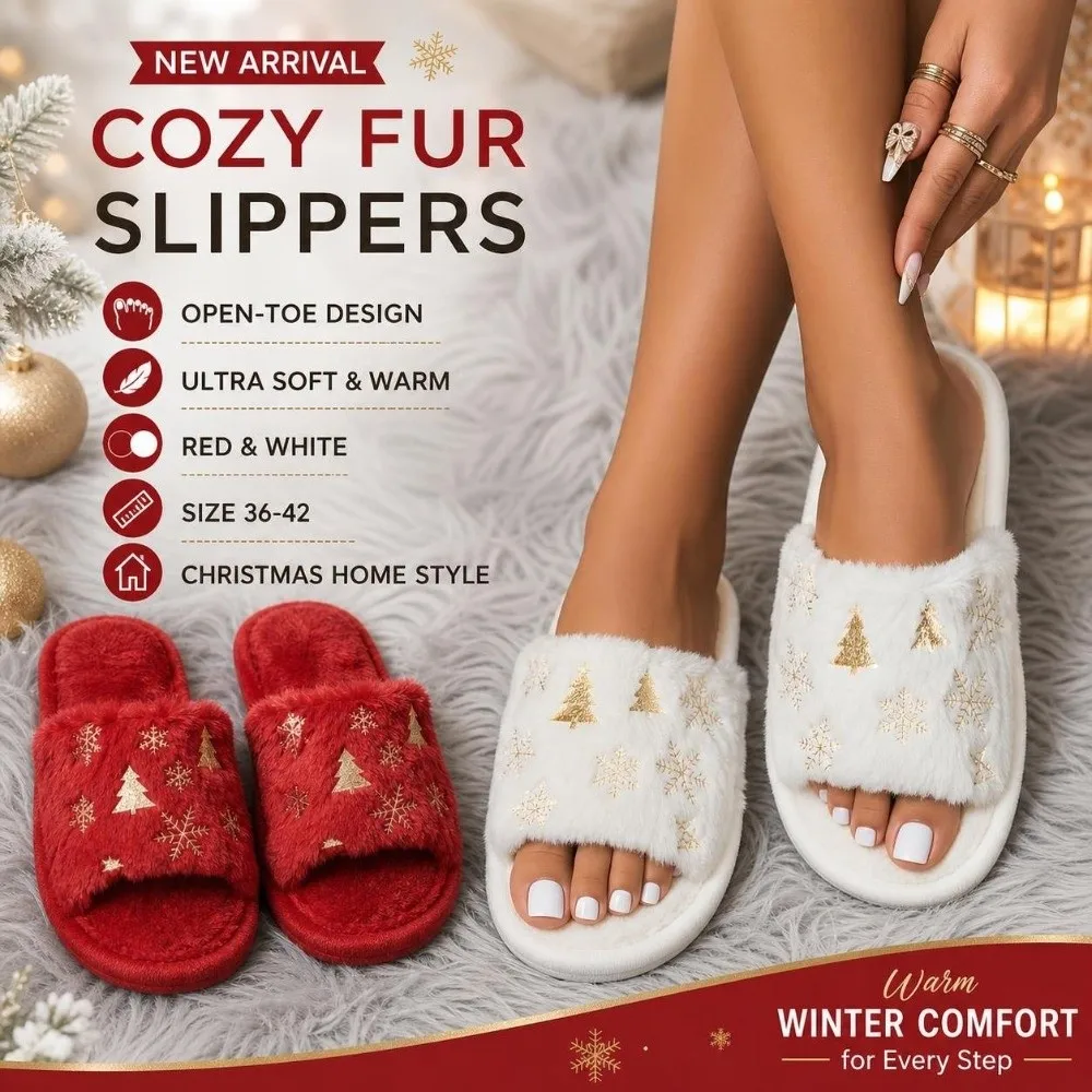 Open-Toe Christmas Tree Slippers Embroidered Snowflake Xmas Tree Furry Slippers Plus Velvet One-Step Women Home Slippers