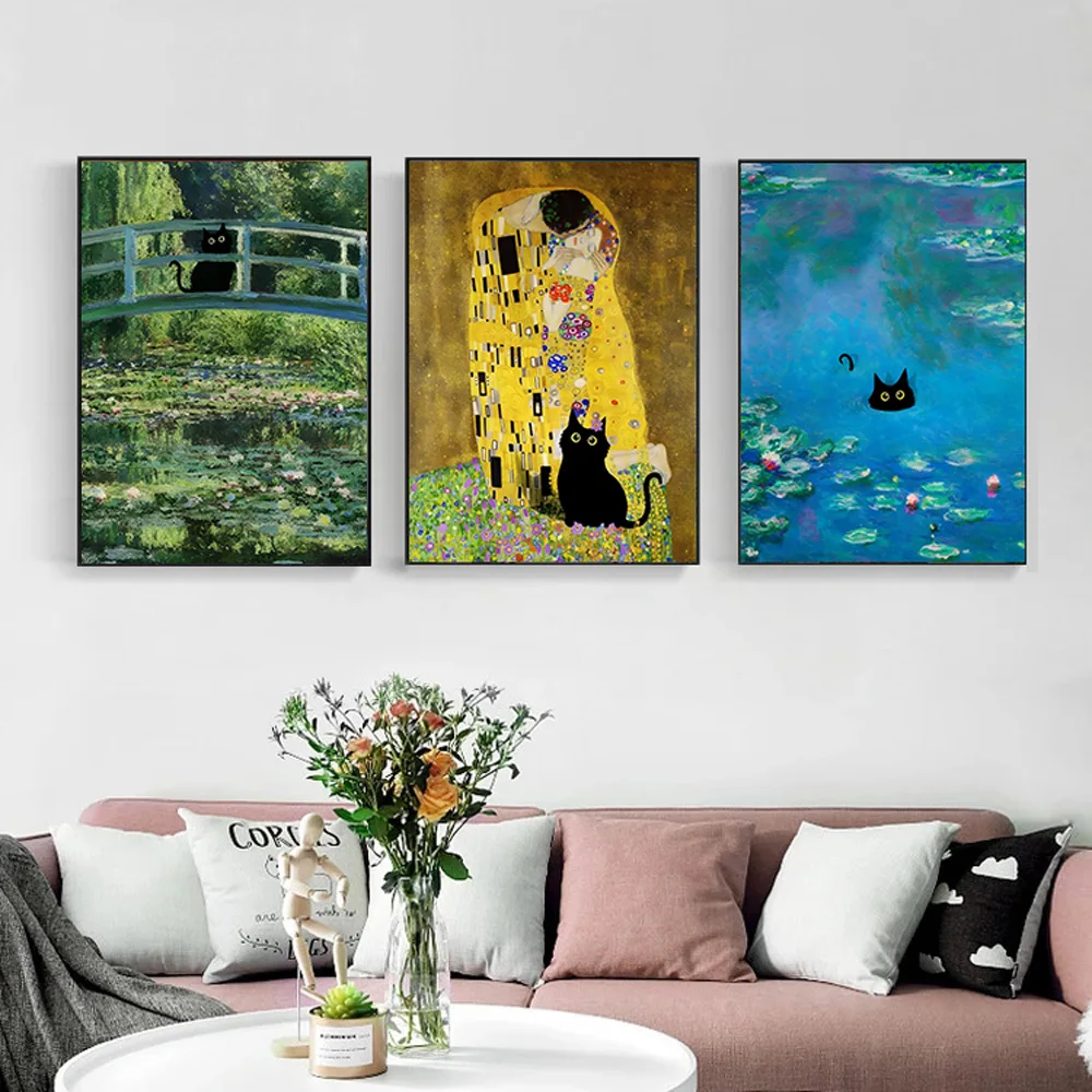 Black Cat famous painting Abstract Van Gogh Monet Impressionist Wall Art Poster Water Lily Canvas Oil Painting Print Home Decor