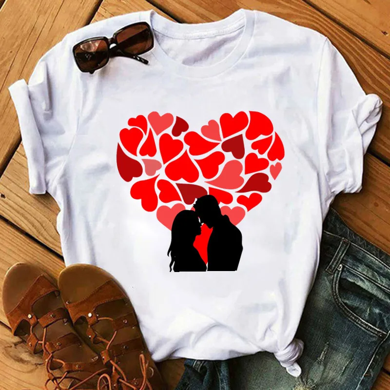 Red Heart Love T-shirt  Red Love Valentine's Day Printed Male and Female Couples T-shirt Short Sleeve Graphic T Shirts Clothes