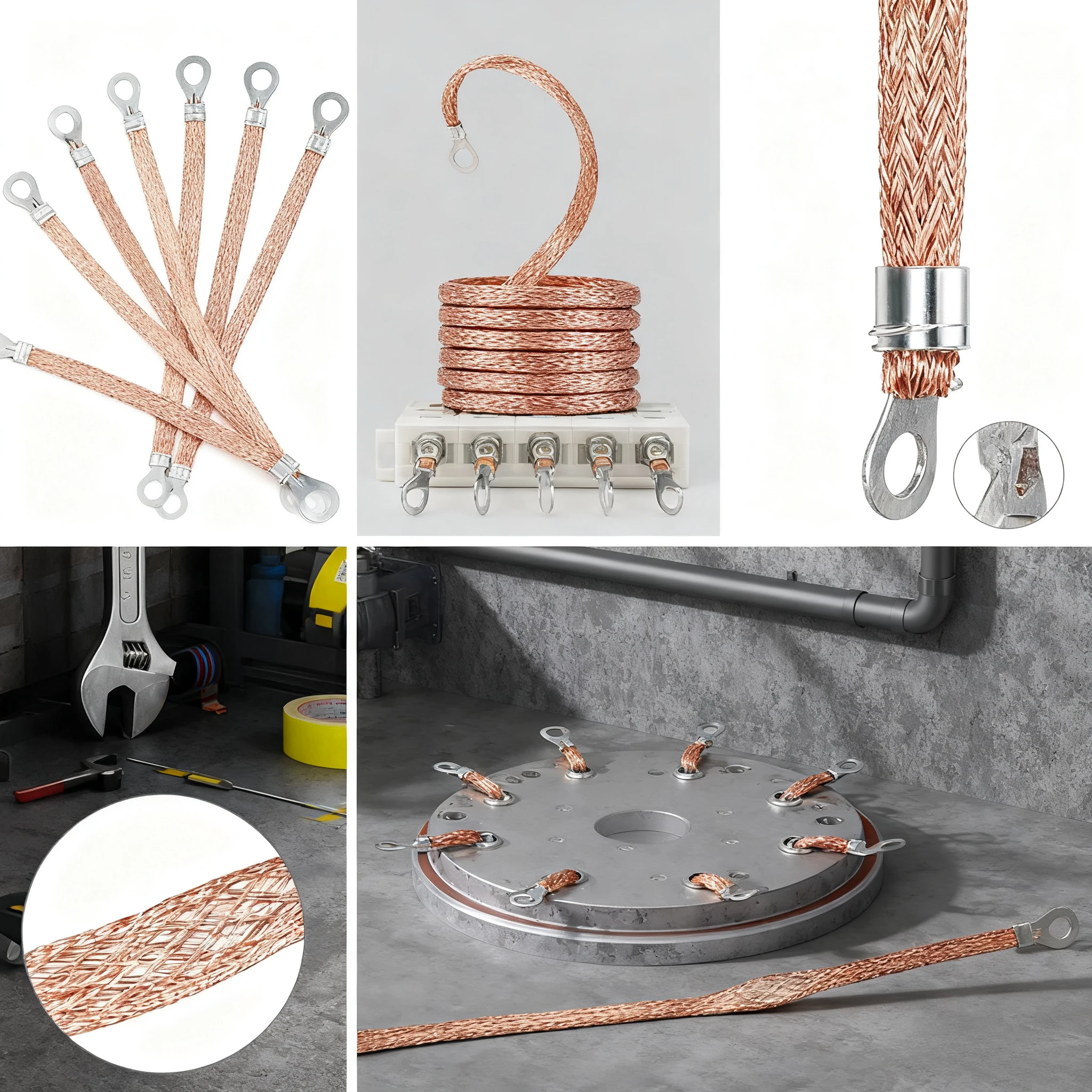 Flexible Tinned Copper Braided Jumper Straps for Cable Tray Cabinet Door Grounding Electrical Bonding Connection 200 250 300mm