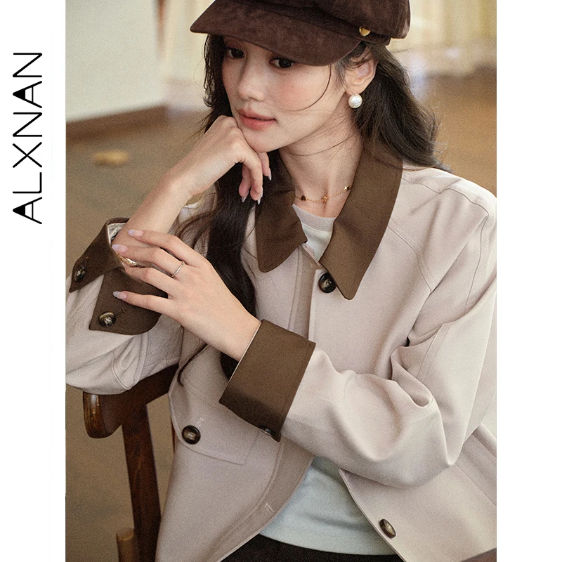 ALXNAN veste courte automne nouveau col rabattu Patchwork poignets femme manteaux poche coupe ample décontracté déplacements vêtements d'extérieur L57923