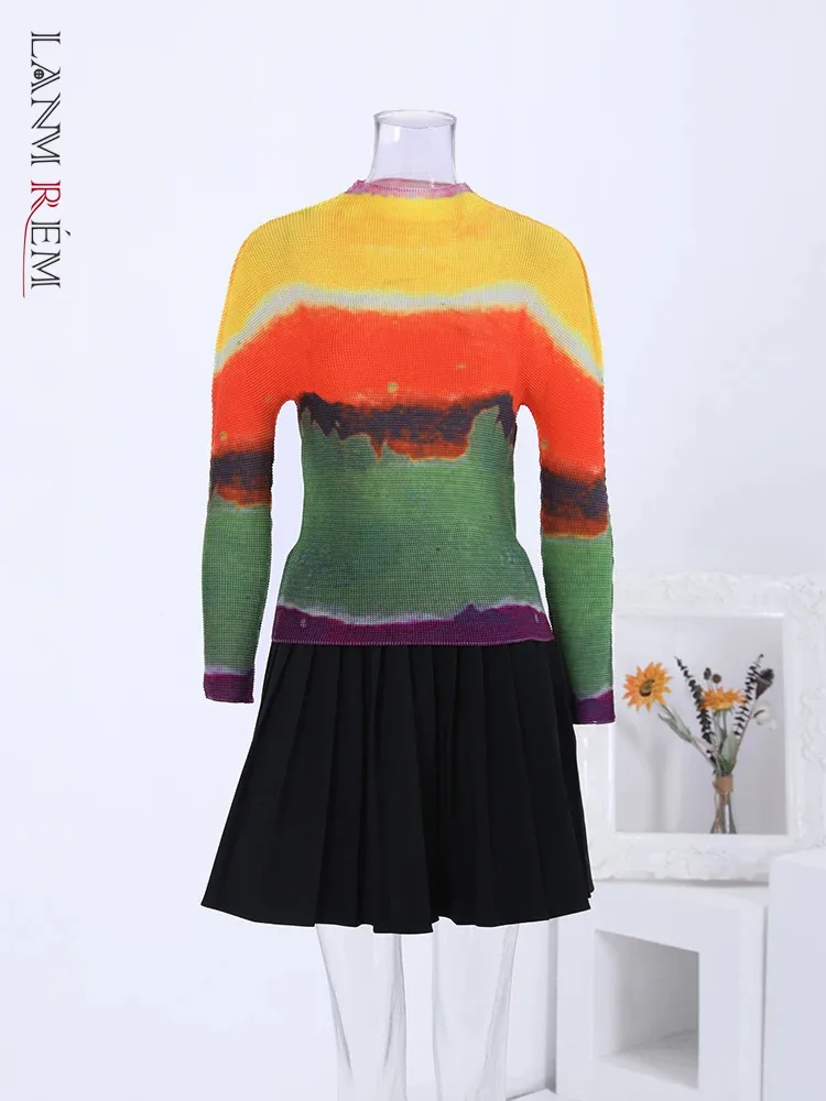 LANMREM Print Pleated T-shirt For Women Turtleneck Long Sleeves Slim Color Block Tops Fashion Female Clothes New 2YA311