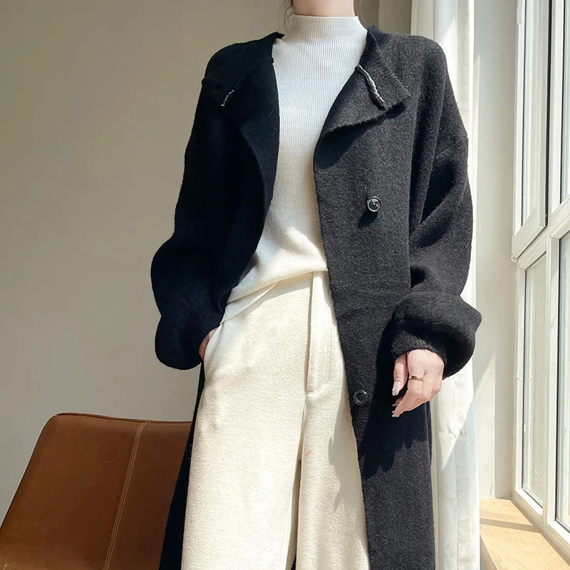 

2025 Новый винтажный простой элегантный вязаный кардиган из тонкой шерсти для женщин, свободный крой, длинный однотонный свитер, кардиган