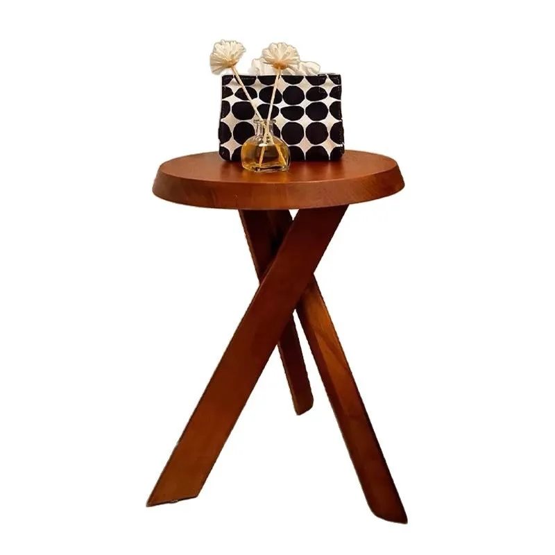 Retro medieval solid wood sofa bedside table, Japanese round stool corner table