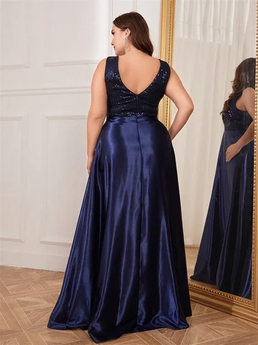 Imagen 2 del producto Vestido de noche elegante de talla grande con lentejuelas para mujer, vestido de fiesta de graduación de satén con escote en V profundo, vestidos formales de dama de honor hasta el suelo 2025