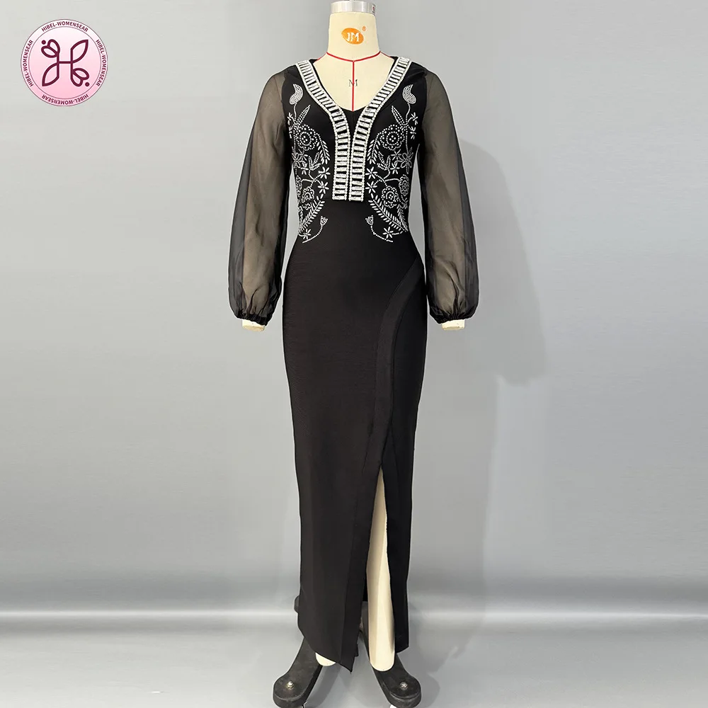 2025 Couture Beaded Gown - Deep V Neck Bandage Dress with Sheer Sleeves & Thigh Slit