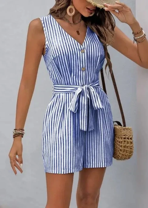 Women's Sleeveless V - Neck Romper, Striped Pattern with Button Front and Self - Tie Belt, Minimalist Jumpsuit Design