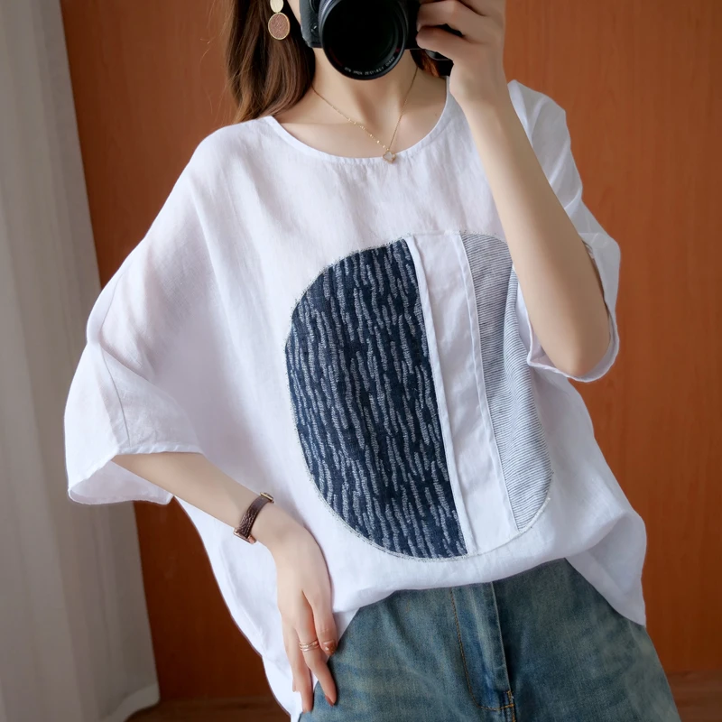 

Oversized Vintage Patchwork Women T-Shirts Summer New 2024 O-Neck Loose Cotton Linen Female Pulls Tops Tees