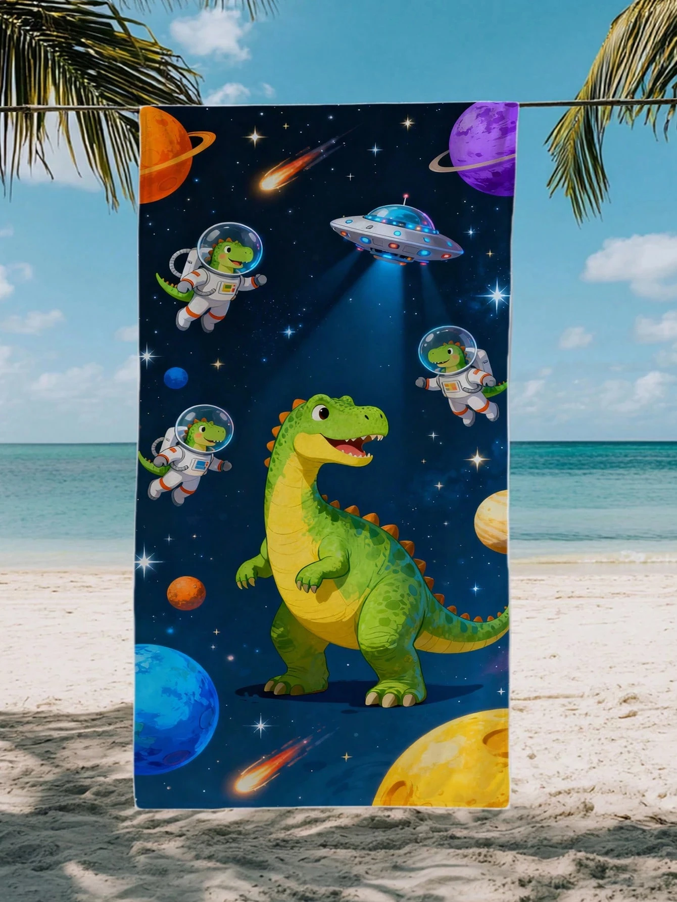 Dinosaur Astronaut Beach Towel,Premium Microfiber Absorbent Quick Dry,Oversized for Beach Pool,Cartoon Space Print Towel for Kid