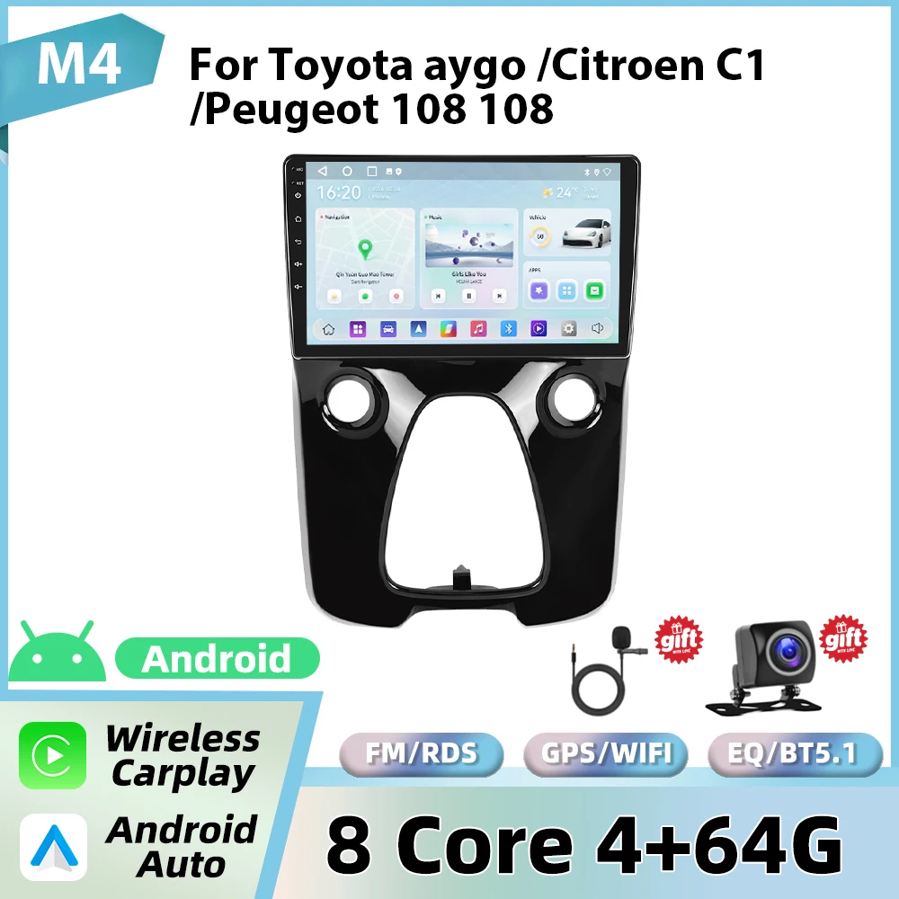 Podofo 10'' autoradio voor Toyota Aygo 2015/Citroën C1 2020/Peugeot 108 draadloze CarPlay Android autoradio WIFI GPS 2din radio