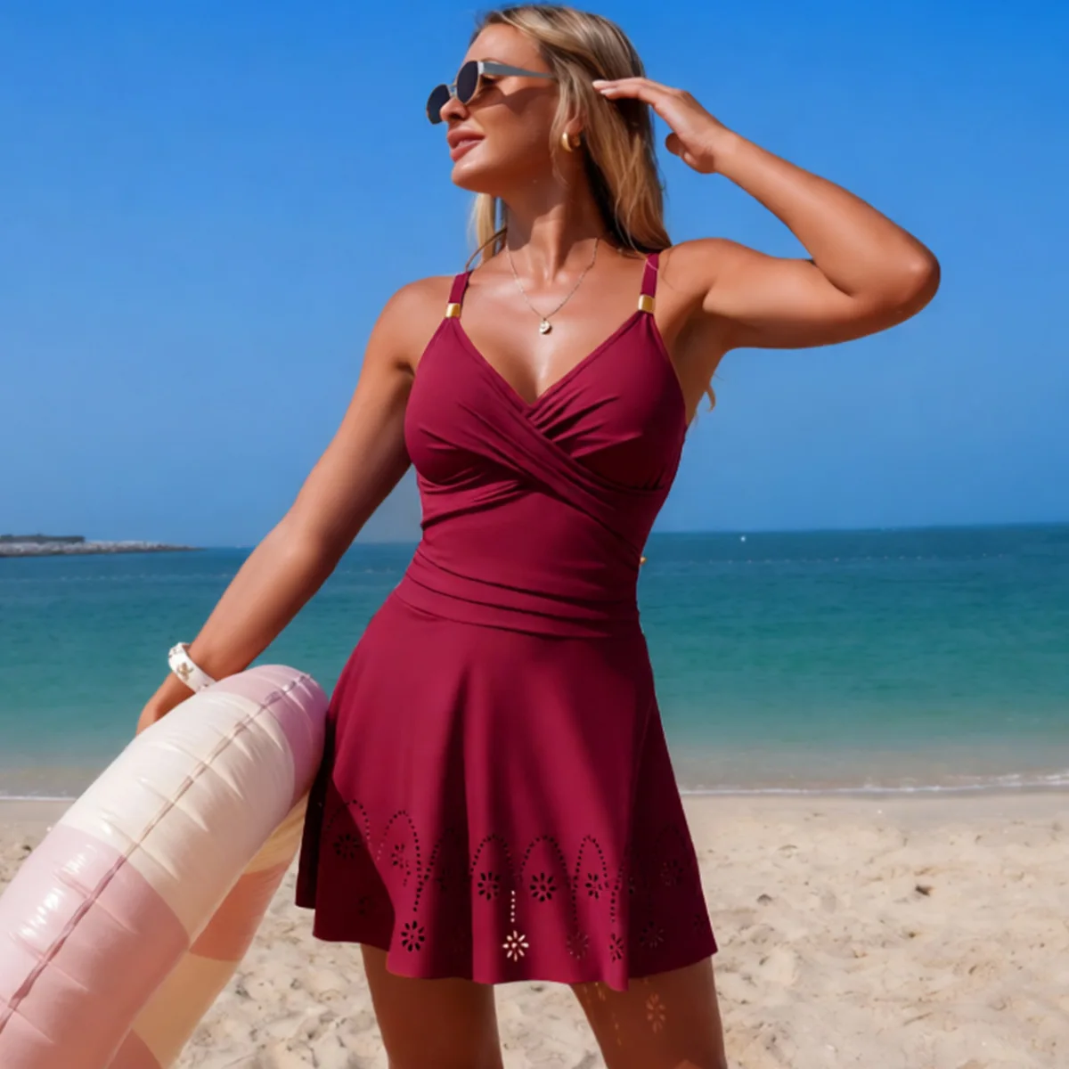 Women's Solid Color Swim Dress One Piece Swimsuit Ruched V Neck Cutout Skirted Bathing Suit Tummy Control Swimwear for Vacation