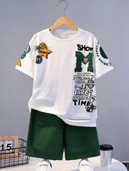 Summer Kids' Suit Boys' Loose Casual Crewneck Patterned Short-sleeved T-shirt and Shorts Comfortable Cool Tracksuit