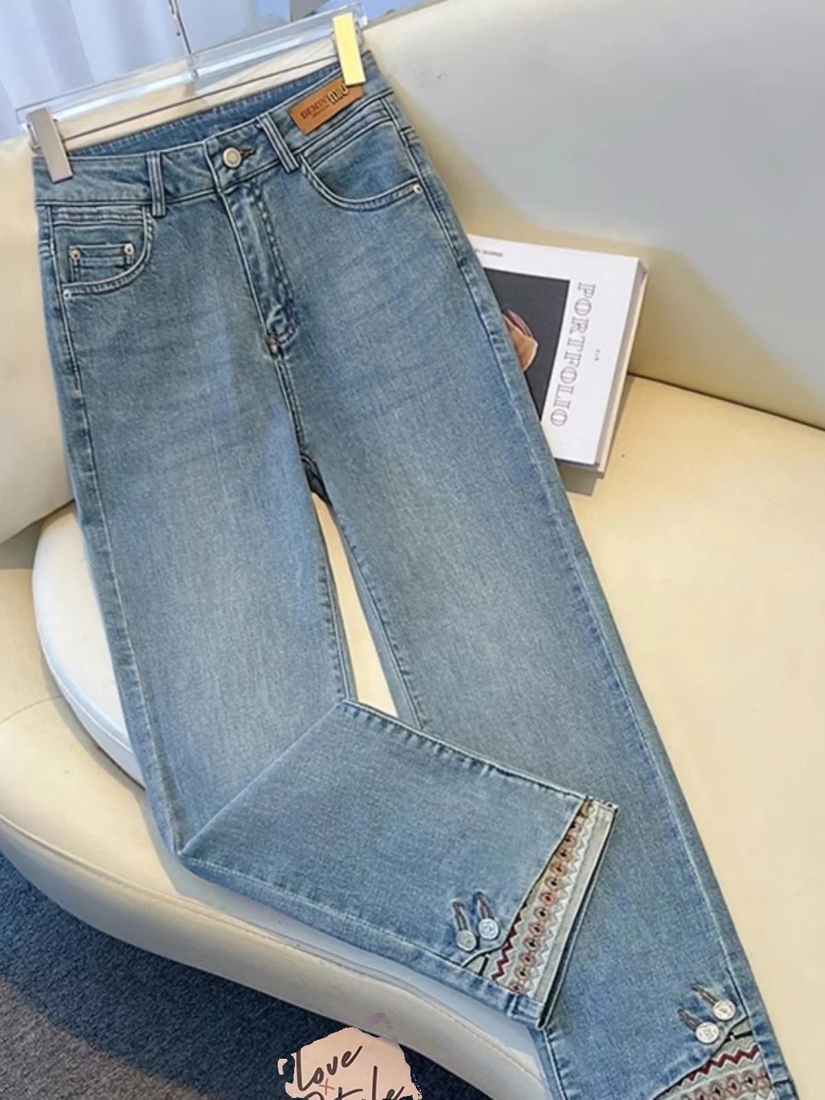 

Retro New Chinese Sle Straight Leg Jeans Women's Spring Autumn 2024 New Patchwork Nine Point Embroidery National Sle ...