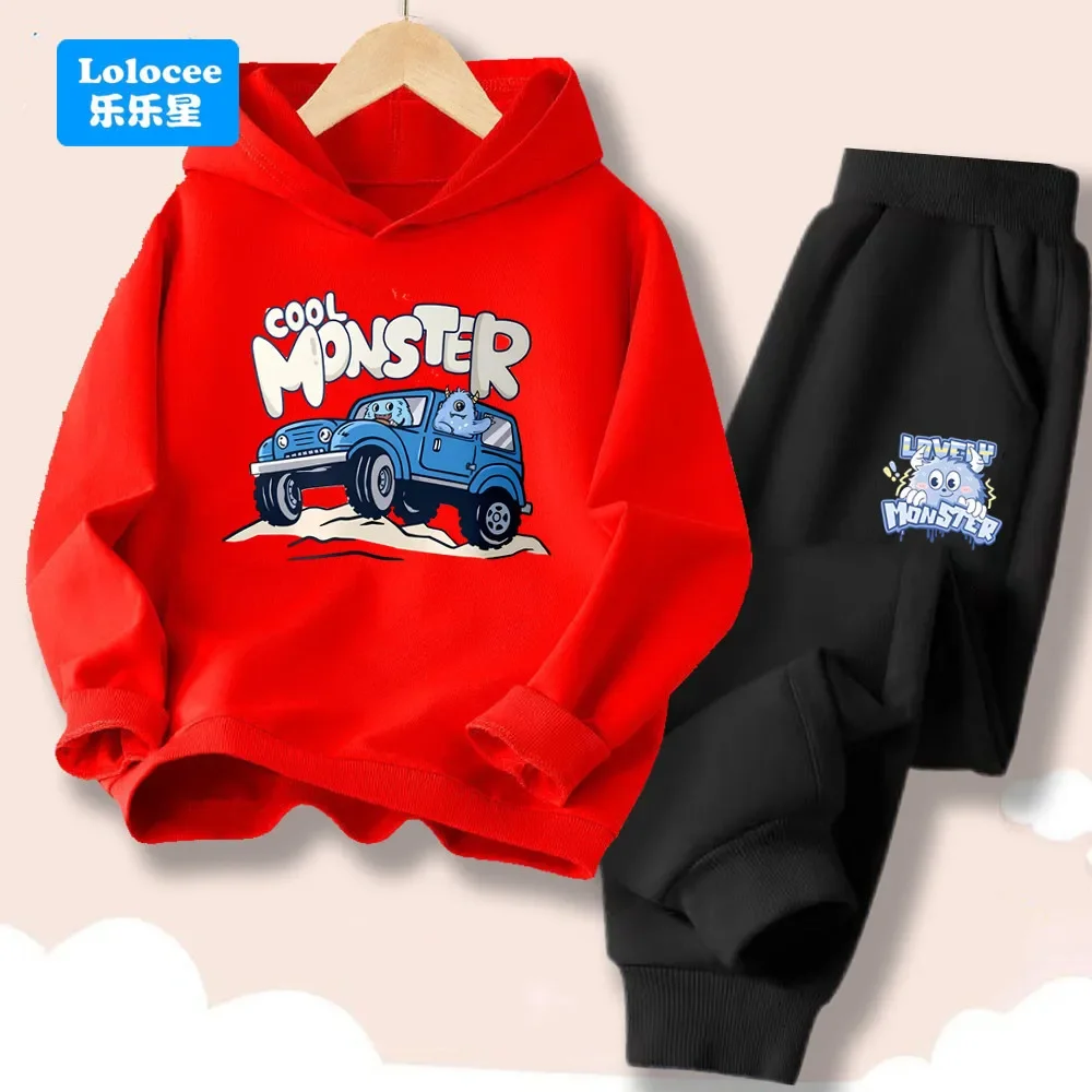 Cool Monster Truck Outfit for Autumn/Winter - Cute Two-Piece Set of Hoodie and Pants for Children Aged 3-14 (Spring/Autumn)